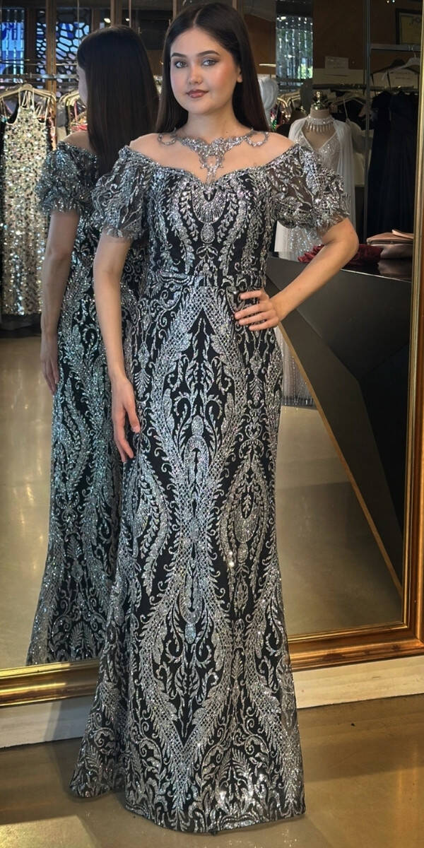 Siyah Gümüş Balon Kollu Dantel Detaylı Düz Kesim Simli Uzun Abiye Elbise 7278 - 1