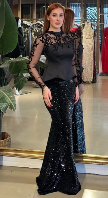 Siyah Hakim Yaka Uzun Kollu Dantel Detaylı Balık Likralı Pul Payet Uzun Abiye Elbise 11198-01 