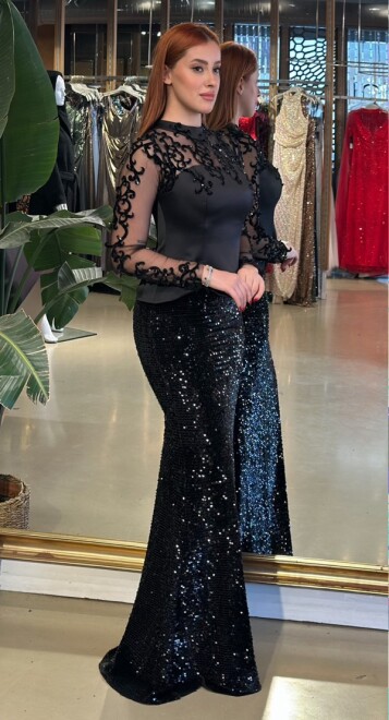 Siyah Hakim Yaka Uzun Kollu Dantel Detaylı Balık Likralı Pul Payet Uzun Abiye Elbise 11198-01 - 2