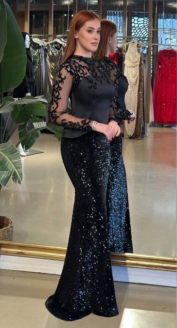 Siyah Hakim Yaka Uzun Kollu Dantel Detaylı Balık Likralı Pul Payet Uzun Abiye Elbise 11198-01 - 2