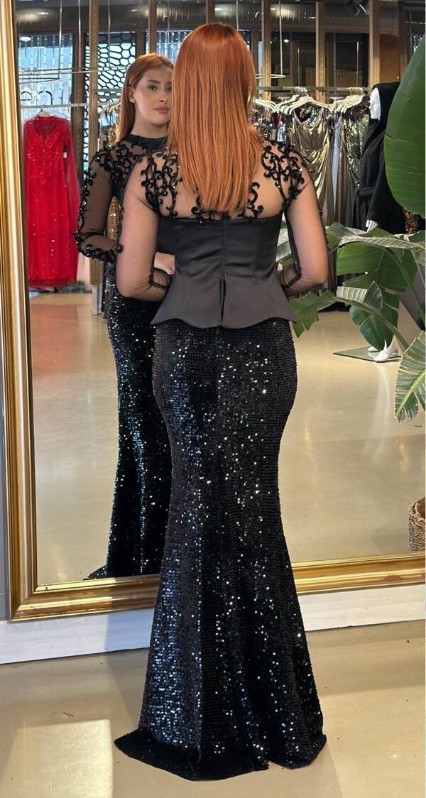 Siyah Hakim Yaka Uzun Kollu Dantel Detaylı Balık Likralı Pul Payet Uzun Abiye Elbise 11198-01 - 5