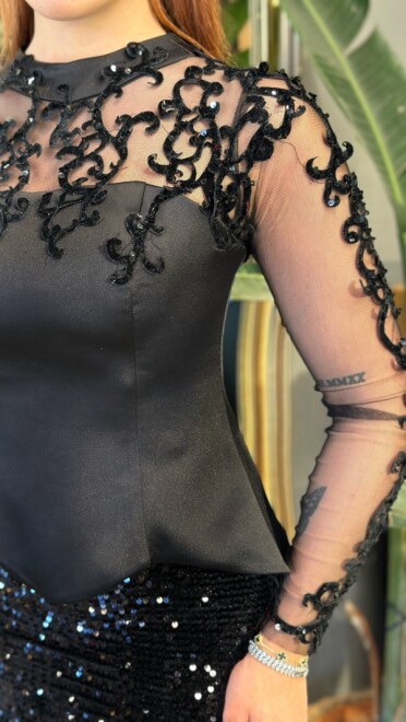 Siyah Hakim Yaka Uzun Kollu Dantel Detaylı Balık Likralı Pul Payet Uzun Abiye Elbise 11198-01 - 4