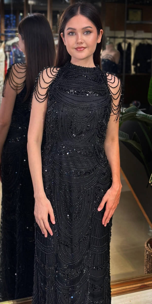 Siyah Halter Yaka Boncuk İşlemeli Düz Kesim Pullu Boncuklu Uzun Abiye Elbise 11154-01 - 3