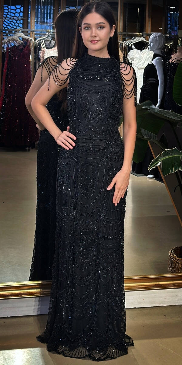 Siyah Halter Yaka Boncuk İşlemeli Düz Kesim Pullu Boncuklu Uzun Abiye Elbise 11154-01 - 1