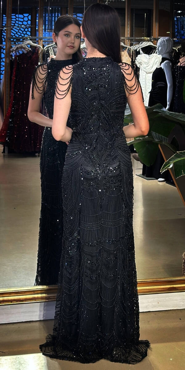 Siyah Halter Yaka Boncuk İşlemeli Düz Kesim Pullu Boncuklu Uzun Abiye Elbise 11154-01 - 5