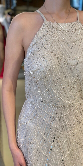 Bej Halter Yaka İp Askılı Düz Kesim Pullu Boncuklu Uzun Abiye Elbise 11103-04 - 4