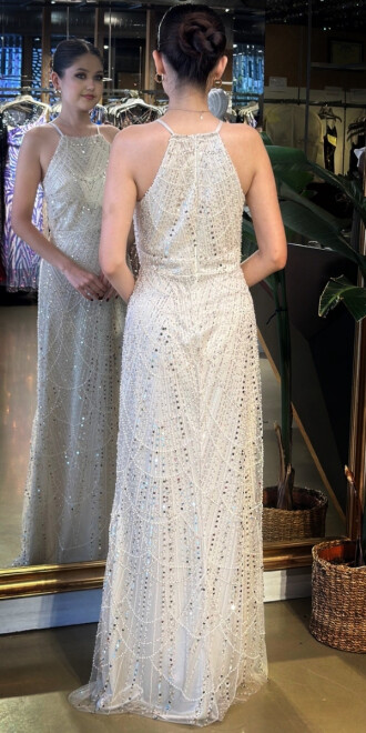 Bej Halter Yaka İp Askılı Düz Kesim Pullu Boncuklu Uzun Abiye Elbise 11103-04 - 5