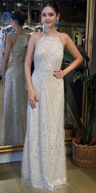 Bej Halter Yaka İp Askılı Düz Kesim Pullu Boncuklu Uzun Abiye Elbise 11103-04 