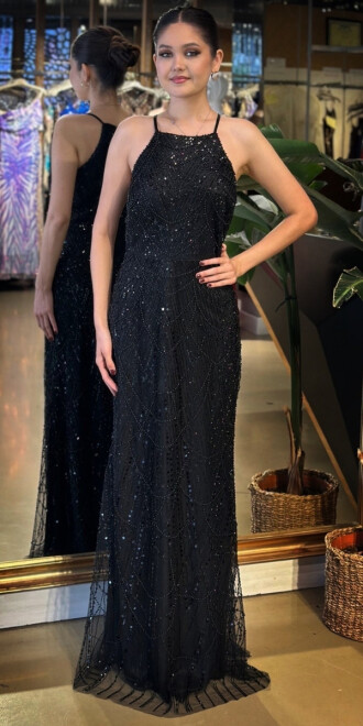 Siyah Halter Yaka İp Askılı Düz Kesim Pullu Boncuklu Uzun Abiye Elbise 11103-01 - abiyeniall