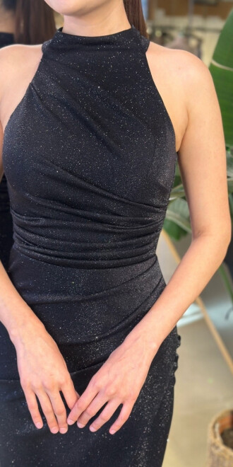 Siyah Halter Yaka Yırtmaçlı Düz Kesim Likralı Simli Uzun Abiye Elbise 11178-01 - 4