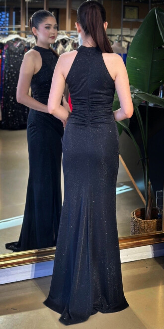 Siyah Halter Yaka Yırtmaçlı Düz Kesim Likralı Simli Uzun Abiye Elbise 11178-01 - 5