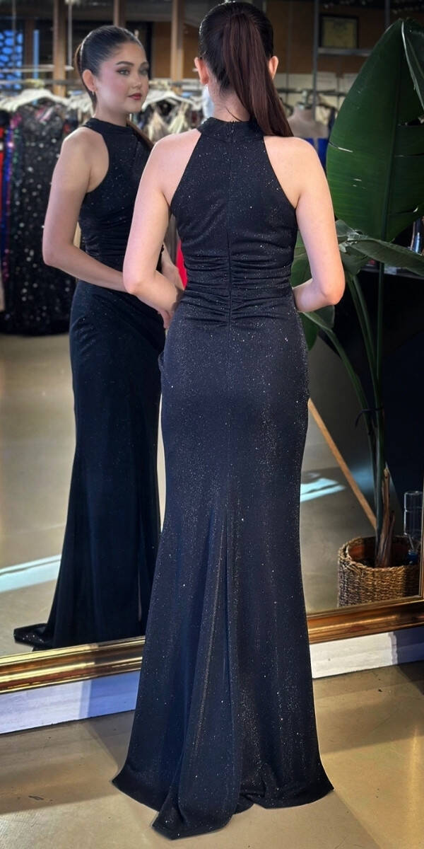 Siyah Halter Yaka Yırtmaçlı Düz Kesim Likralı Simli Uzun Abiye Elbise 11178-01 - 5