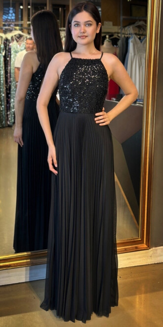 Siyah İnce Askılı Sırt Dekolteli Kloş Etekli Tül Uzun Abiye Elbise 11049 - abiyeniall