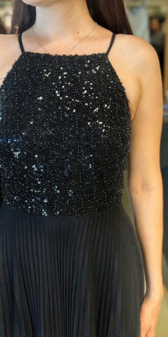 Siyah İnce Askılı Sırt Dekolteli Kloş Etekli Tül Uzun Abiye Elbise 11049 - 4