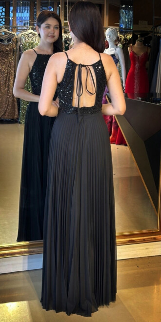 Siyah İnce Askılı Sırt Dekolteli Kloş Etekli Tül Uzun Abiye Elbise 11049 - 5