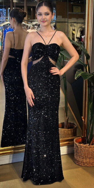 Siyah İp Askılı Bel Dekolteli Düz Kesim Pul Payet Uzun Abiye Elbise 11019 - abiyeniall