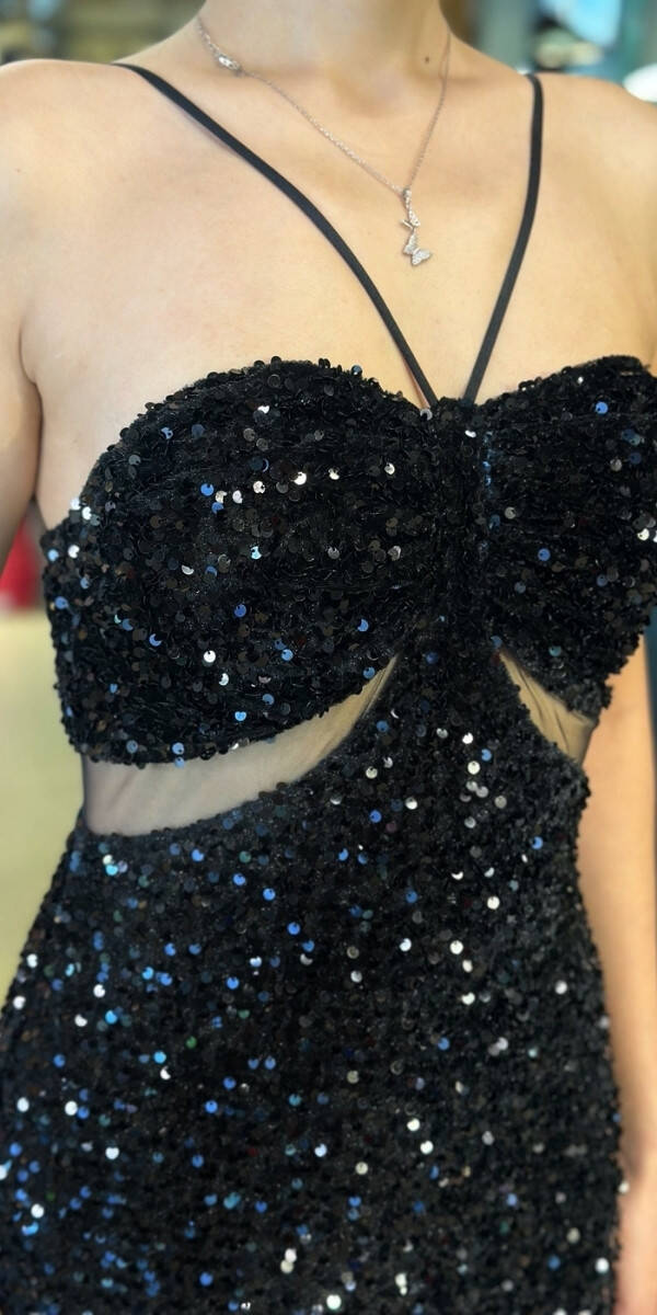 Siyah İp Askılı Bel Dekolteli Düz Kesim Pul Payet Uzun Abiye Elbise 11019 - 4