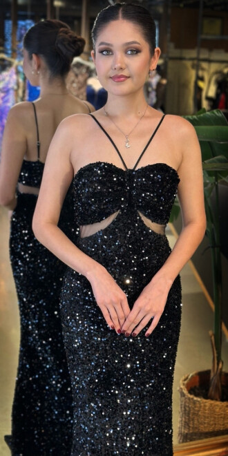 Siyah İp Askılı Bel Dekolteli Düz Kesim Pul Payet Uzun Abiye Elbise 11019 - 3