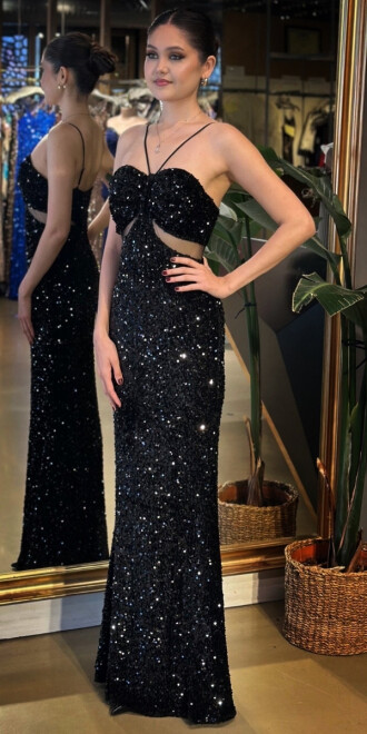 Siyah İp Askılı Bel Dekolteli Düz Kesim Pul Payet Uzun Abiye Elbise 11019 - 2