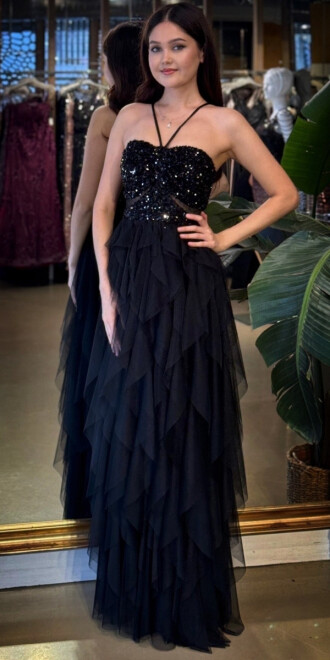 Siyah İp Askılı Bel Dekolteli Kloş Etekli Likralı Tül Uzun Abiye Elbise 11048-01 - abiyeniall