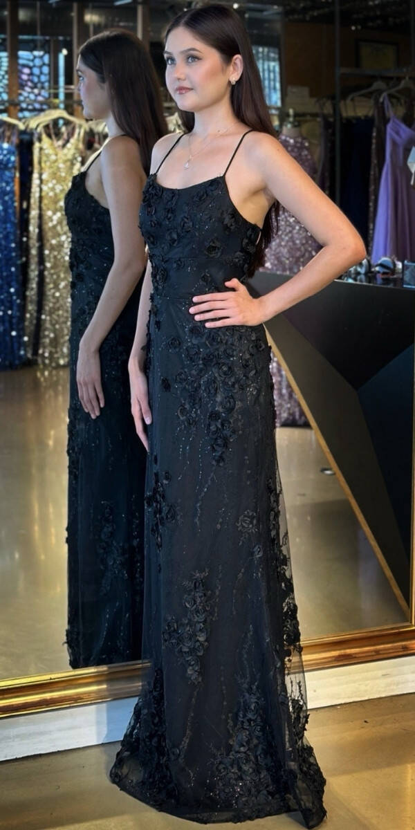 Siyah İp Askılı Çiçek Detaylı Sırt Dekolteli Düz Kesim Tül Uzun Abiye Elbise 11060 - 2