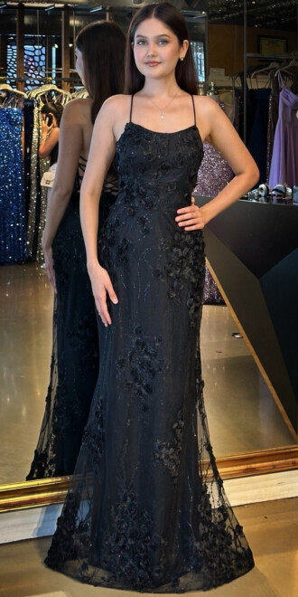 Siyah İp Askılı Çiçek Detaylı Sırt Dekolteli Düz Kesim Tül Uzun Abiye Elbise 11060 - 1