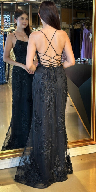 Siyah İp Askılı Çiçek Detaylı Sırt Dekolteli Düz Kesim Tül Uzun Abiye Elbise 11060 - 5