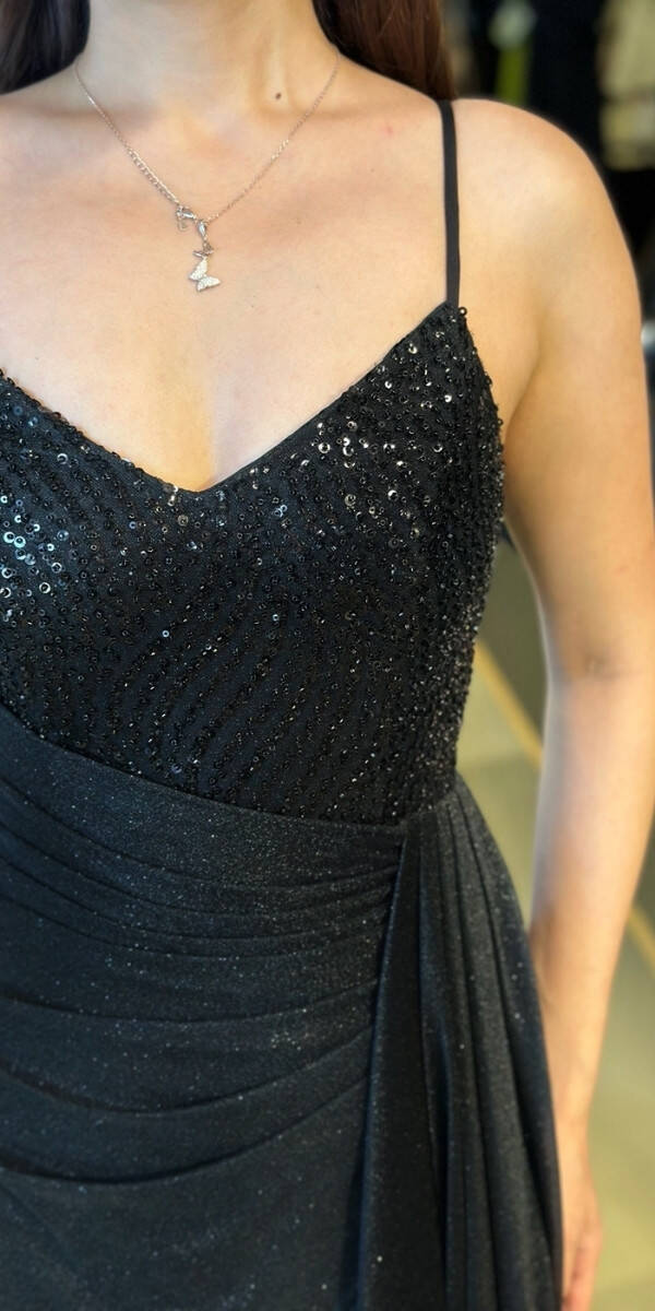 Siyah İp Askılı Düz Kesim Simli Uzun Abiye Elbise 7767 - 4