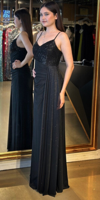 Siyah İp Askılı Düz Kesim Simli Uzun Abiye Elbise 7767 - 2