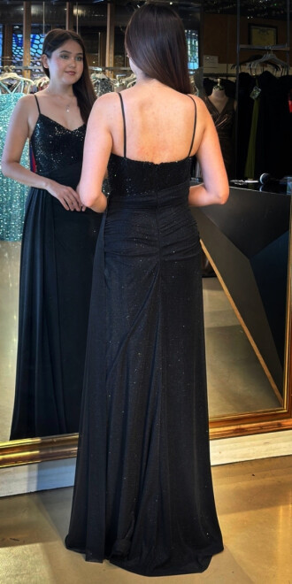 Siyah İp Askılı Düz Kesim Simli Uzun Abiye Elbise 7767 - 5