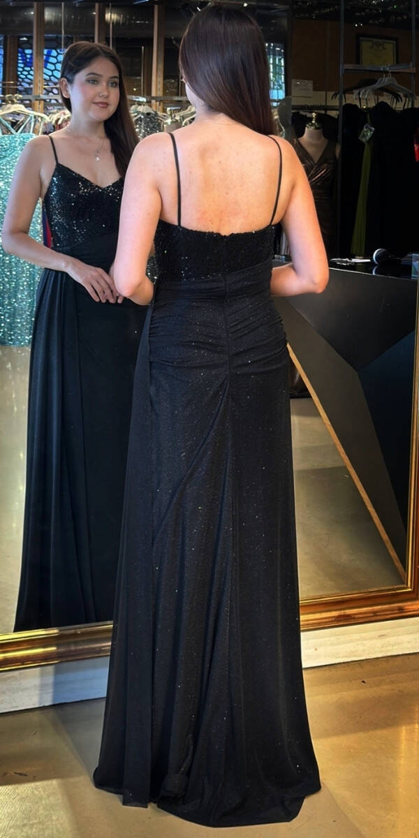 Siyah İp Askılı Düz Kesim Simli Uzun Abiye Elbise 7767 - 5