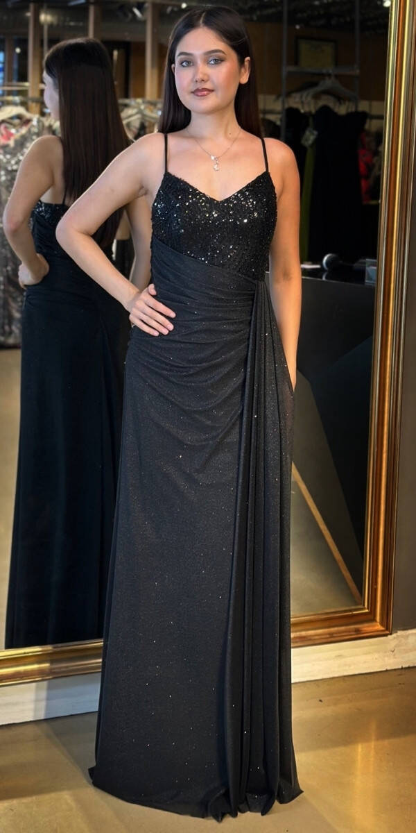 Siyah İp Askılı Düz Kesim Simli Uzun Abiye Elbise 7767 - 1