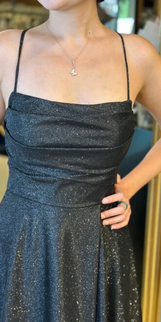 Siyah İp Askılı Kare Yaka Sırt Dekolteli Kloş Etekli Simli Uzun Abiye Elbise 7780 - 4