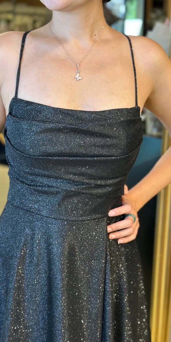 Siyah İp Askılı Kare Yaka Sırt Dekolteli Kloş Etekli Simli Uzun Abiye Elbise 7780 - 4