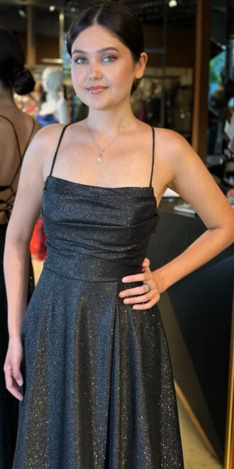 Siyah İp Askılı Kare Yaka Sırt Dekolteli Kloş Etekli Simli Uzun Abiye Elbise 7780 - 3