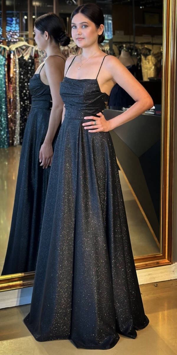 Siyah İp Askılı Kare Yaka Sırt Dekolteli Kloş Etekli Simli Uzun Abiye Elbise 7780 - 2