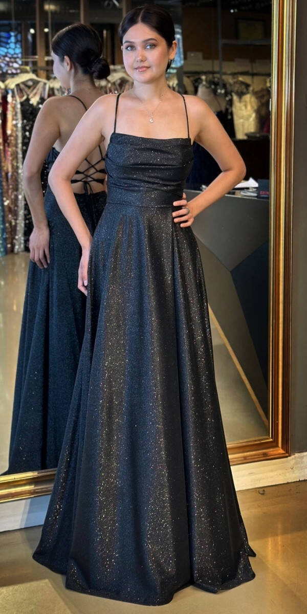 Siyah İp Askılı Kare Yaka Sırt Dekolteli Kloş Etekli Simli Uzun Abiye Elbise 7780 - 1