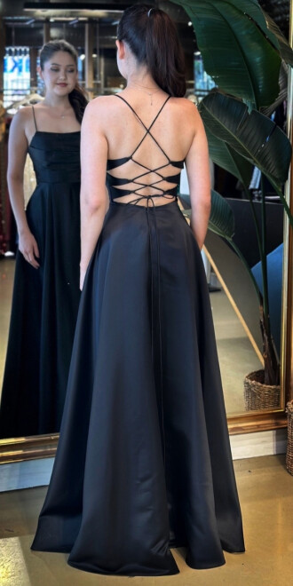 Siyah İp Askılı Kloş Etekli Saten Uzun Abiye Elbise 7764 - 5