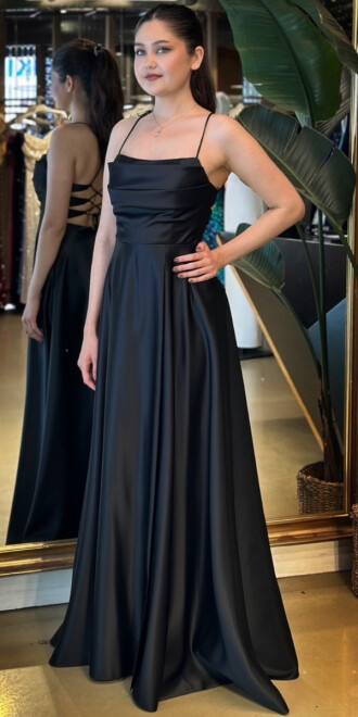 Siyah İp Askılı Kloş Etekli Saten Uzun Abiye Elbise 7764 - 2
