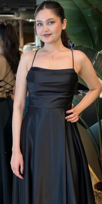 Siyah İp Askılı Kloş Etekli Saten Uzun Abiye Elbise 7764 - 3