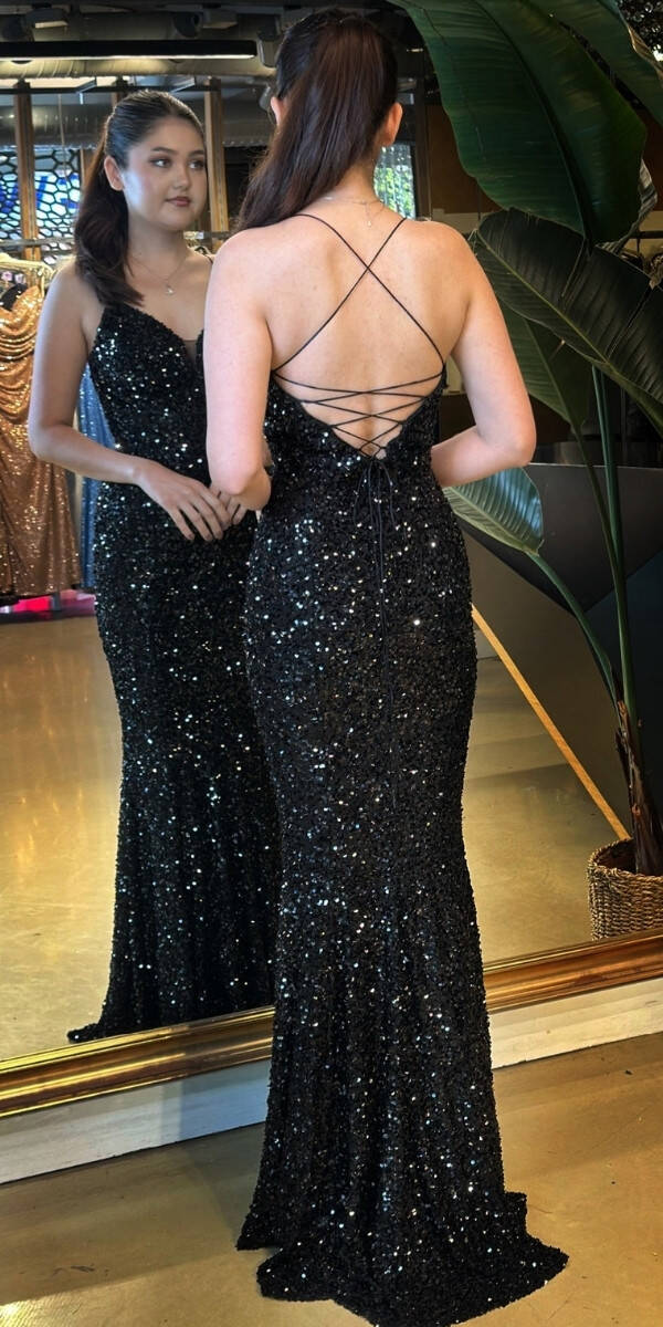 Siyah İp V Yaka Askılı Sırt Dekolteli Balık Etekli Pul Payet Uzun Abiye Elbise 7714 - 5