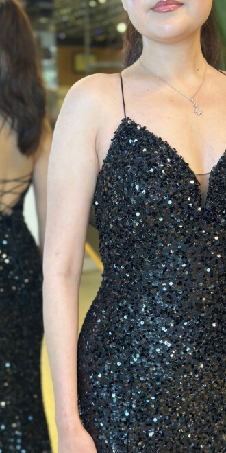 Siyah İp V Yaka Askılı Sırt Dekolteli Balık Etekli Pul Payet Uzun Abiye Elbise 7714 - 4