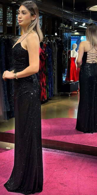 Siyah İp Askılı Sırt Dekolteli Düz Kesim Payet Uzun Abiye Elbise 7265 - 3