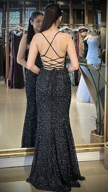 Siyah İp Askılı Uzun Abiye Elbise 7744 - 2