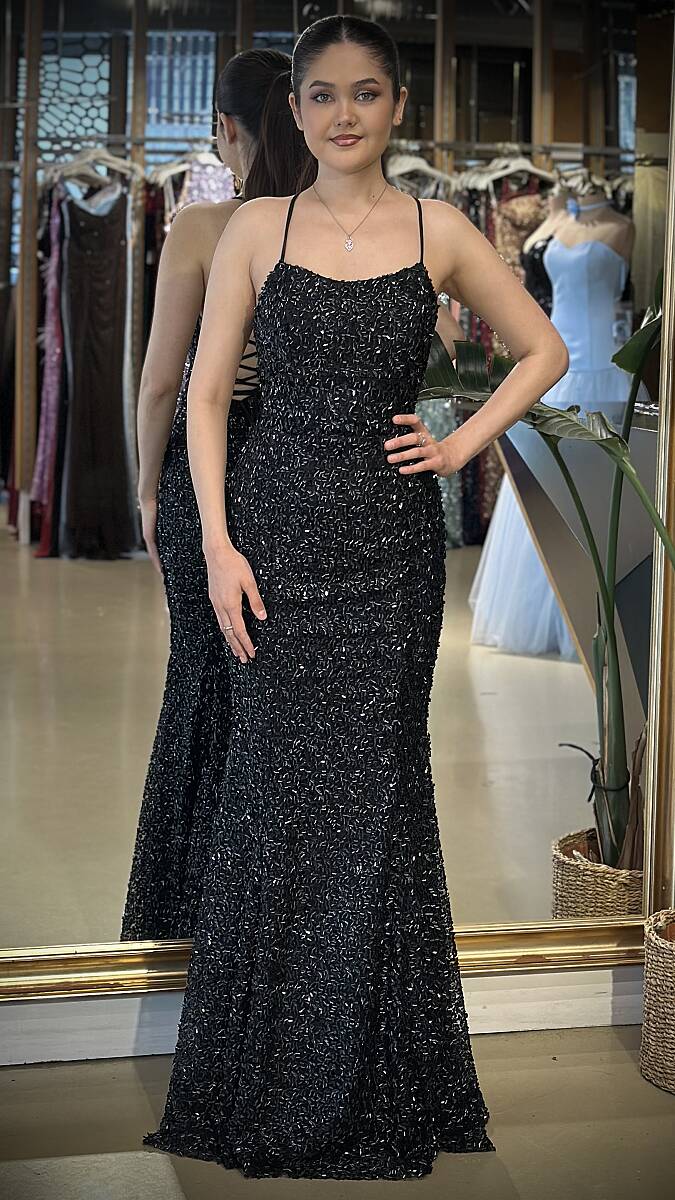 Siyah İp Askılı Uzun Abiye Elbise 7744 - 1