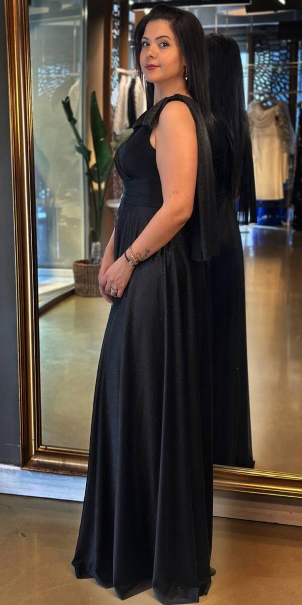 Siyah Kalın Askı Kloş Etekli Simli Kumaş Uzun Abiye Elbise 7557 - 3