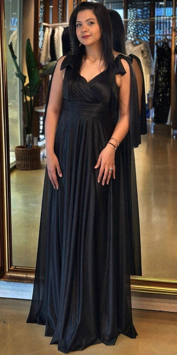 Siyah Kalın Askı Kloş Etekli Simli Kumaş Uzun Abiye Elbise 7557 - 1