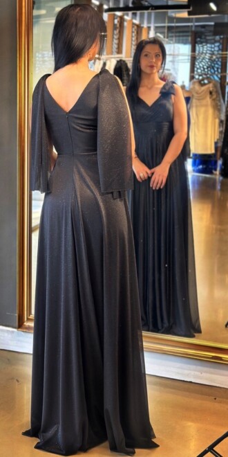 Siyah Kalın Askı Kloş Etekli Simli Kumaş Uzun Abiye Elbise 7557 - 5