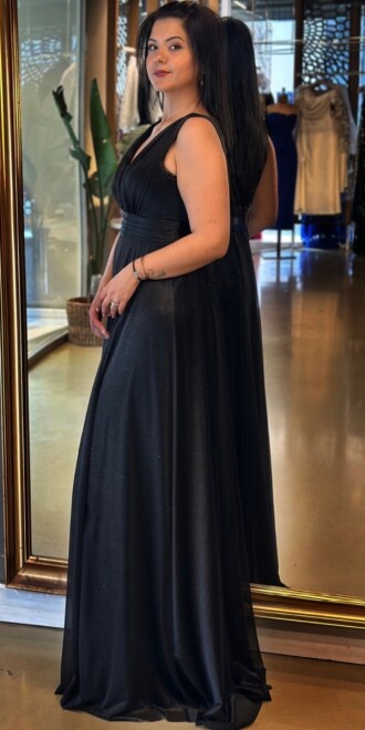 Siyah Kalın Askı Yırtmaçlı Kloş Etekli Simli Uzun Abiye Elbise 7205 - 3