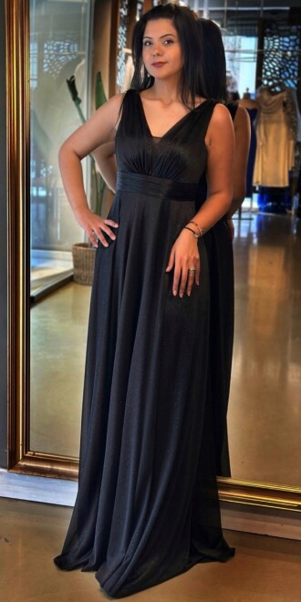 Siyah Kalın Askı Yırtmaçlı Kloş Etekli Simli Uzun Abiye Elbise 7205 